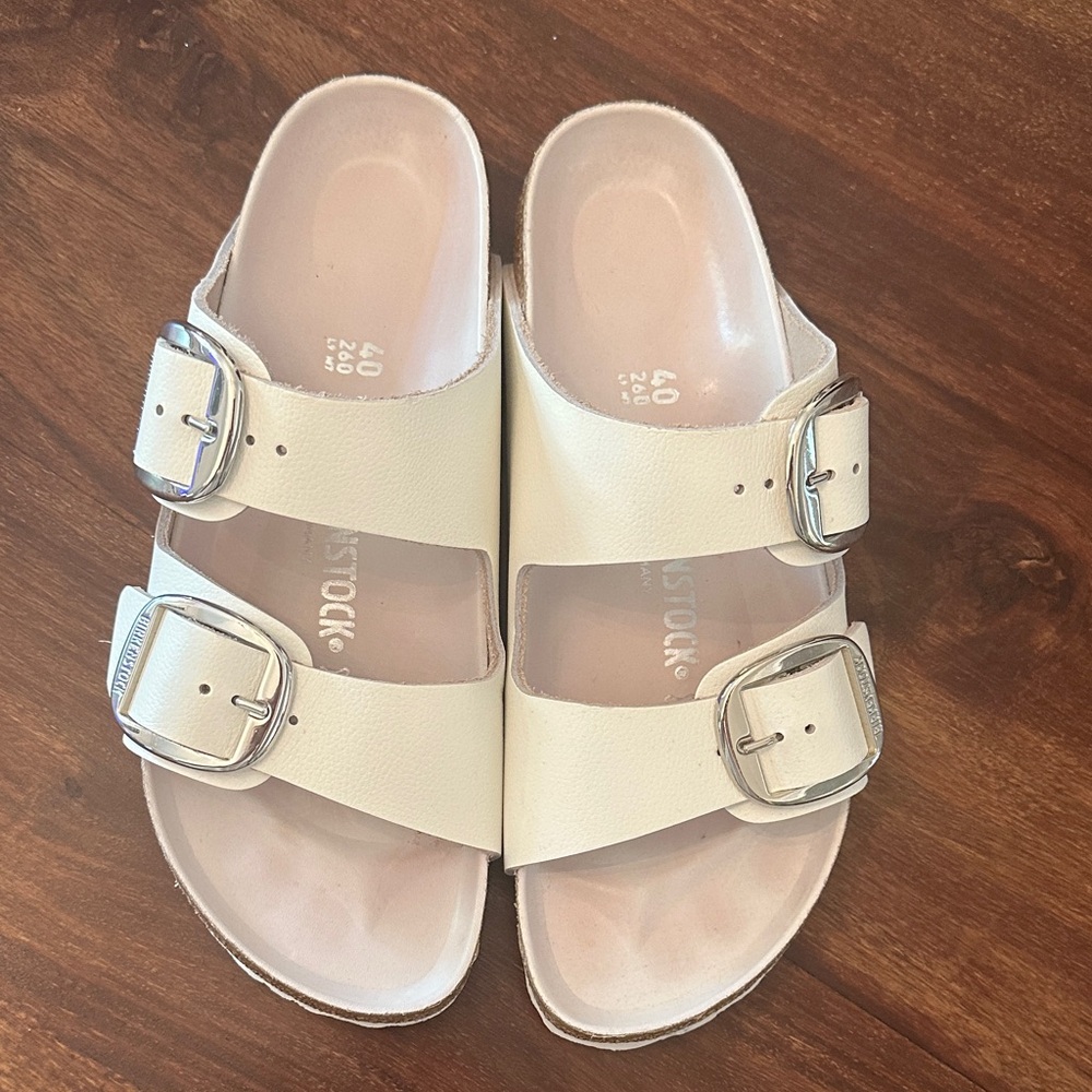 Birkenstock Cream Double Strap Sandals with Silver Buckles